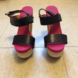 FLOGG pink, white & black chunky wedge sandals